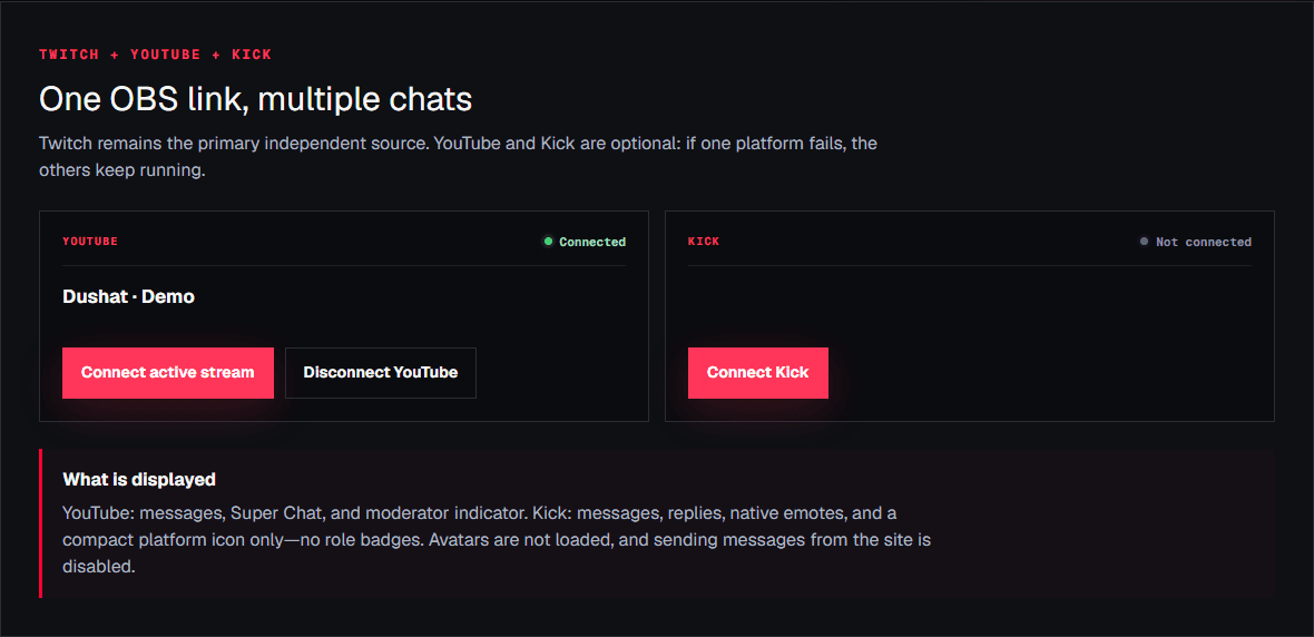Multichat settings: an authorized demo YouTube channel with Connect active stream, plus Connect Kick